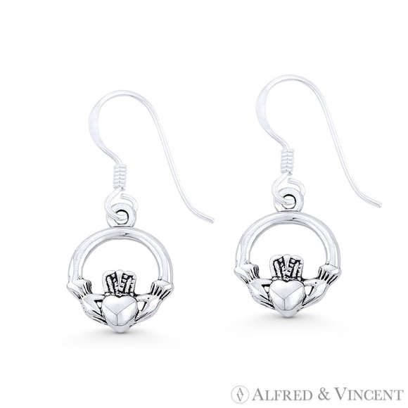 Claddagh Heart Irish Celtic Charm Dangling Hook Earrings in .925 Sterling Silver - Picture 1 of 1